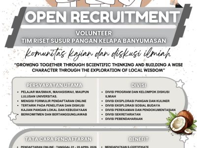 LPPSLH membuka open recruitment volunteer riset pangan lokal Banyumas 2026. Daftar sekarang dan dapatkan pengalaman riset, sertifikat, serta pengembangan skill ilmiah.