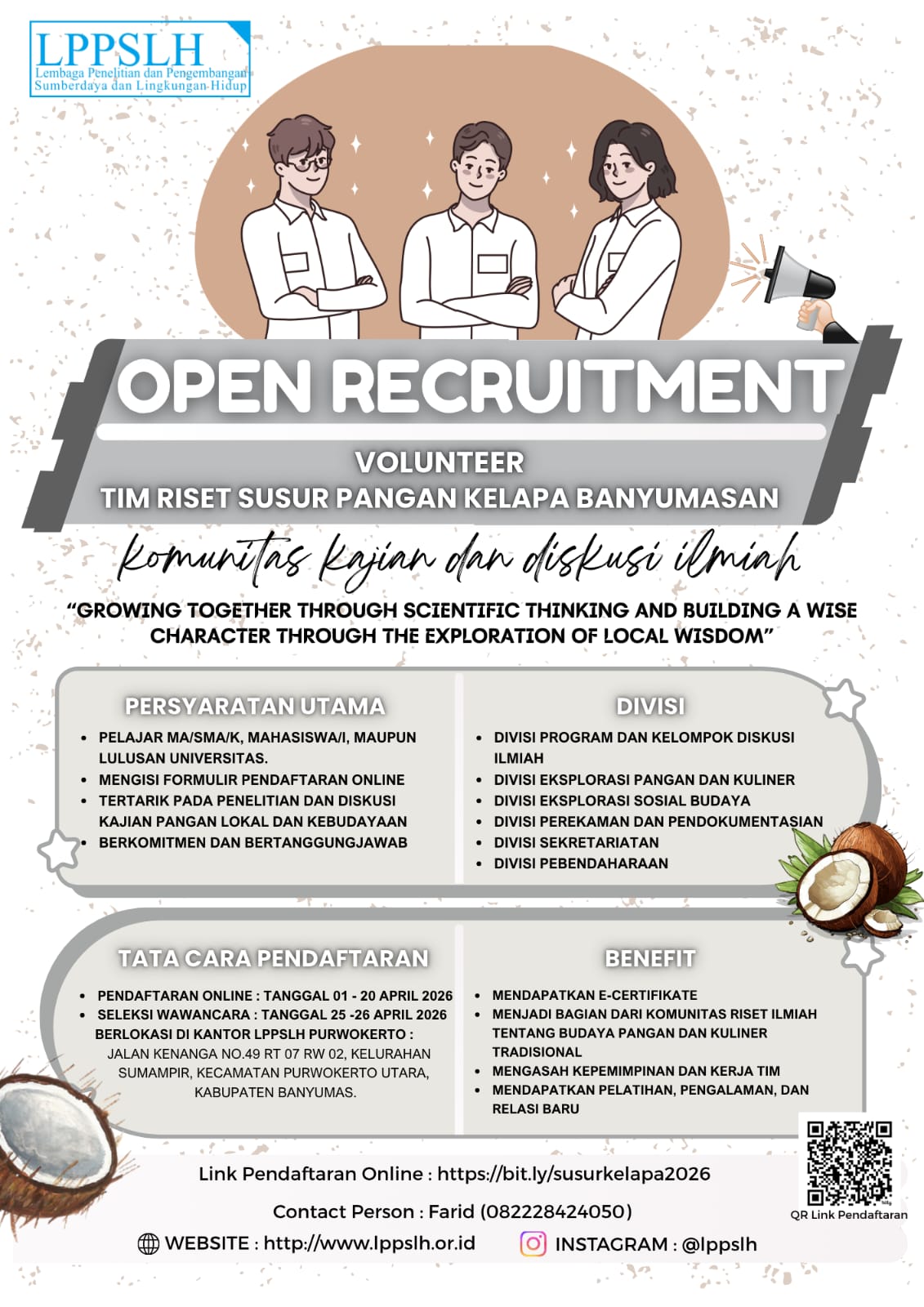 LPPSLH membuka open recruitment volunteer riset pangan lokal Banyumas 2026. Daftar sekarang dan dapatkan pengalaman riset, sertifikat, serta pengembangan skill ilmiah.